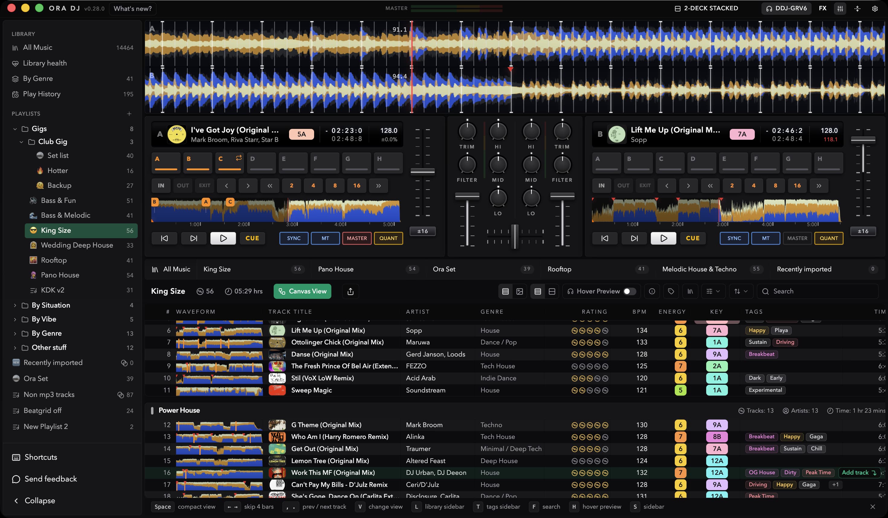 Ora DJ workspace: decks, mixer, and library in one app