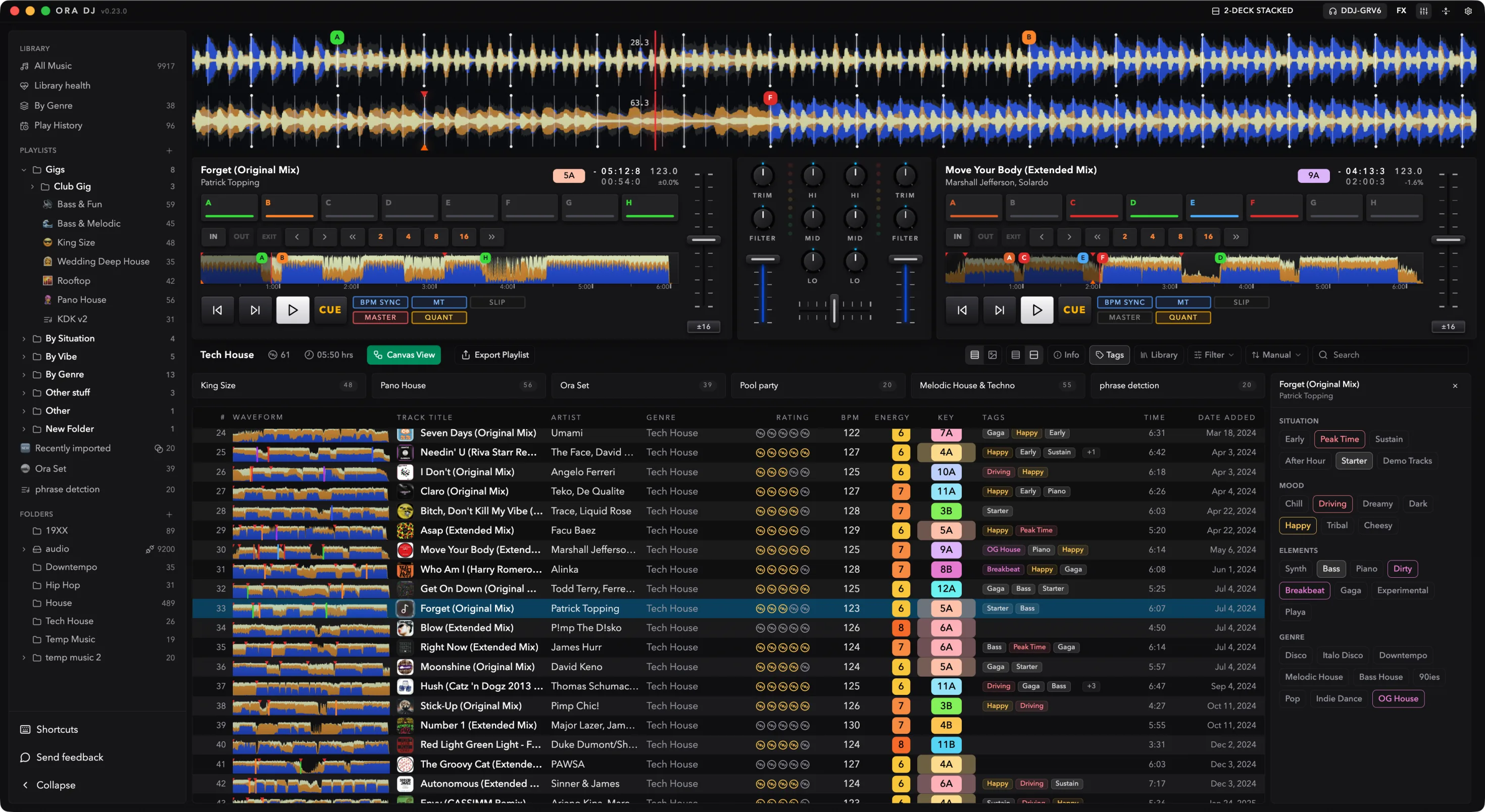 Ora DJ workspace: decks, mixer, and library in one app