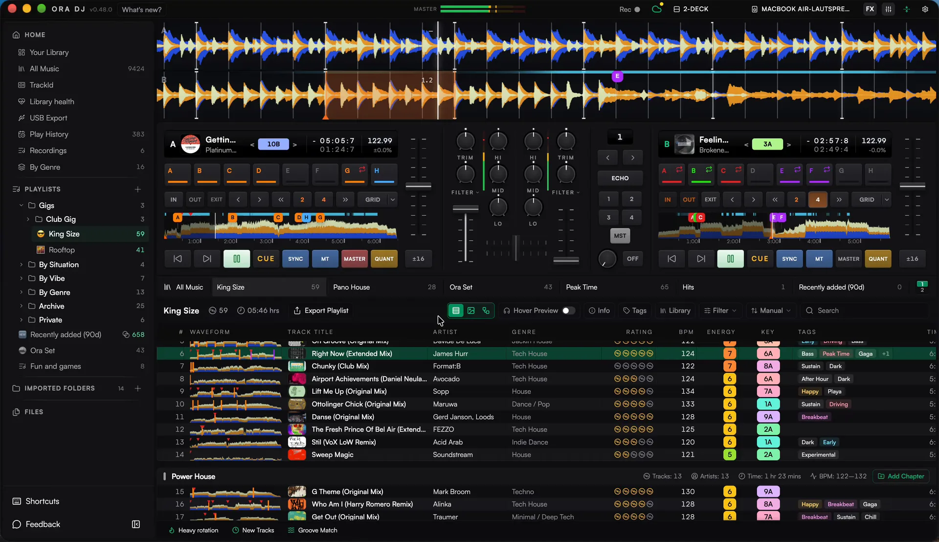 Ora DJ workspace: decks, mixer, and library in one app